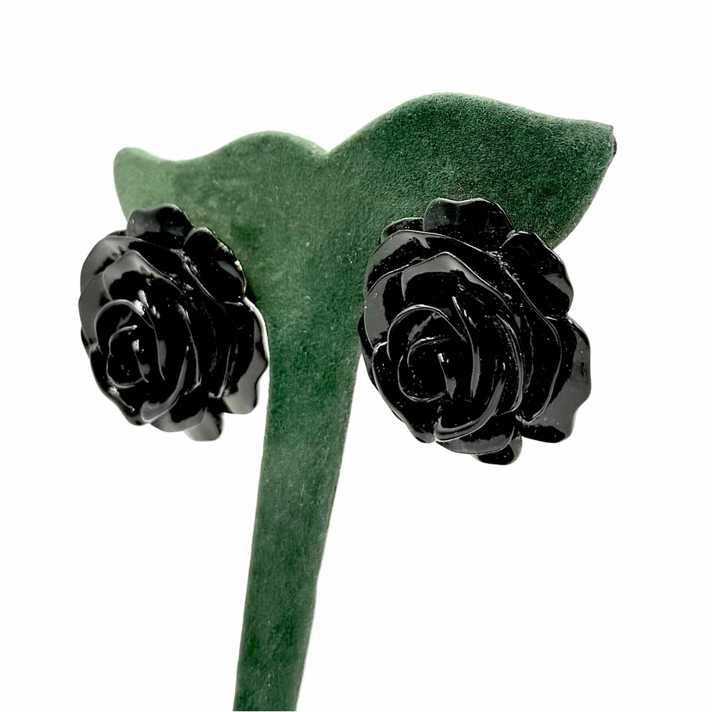 Vintage KJL Kenneth Jay Lane Black Rose Flower Resin Earrings - Picture 4 of 11
